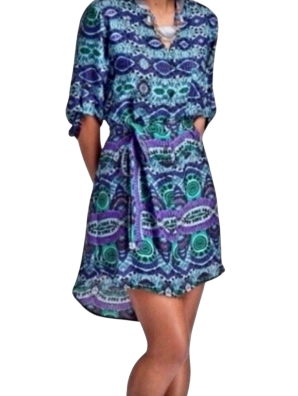Maeve Anthropologie Ikat Print Split V-Neck 3/4 Length Sleeve Belted Tunic Dress